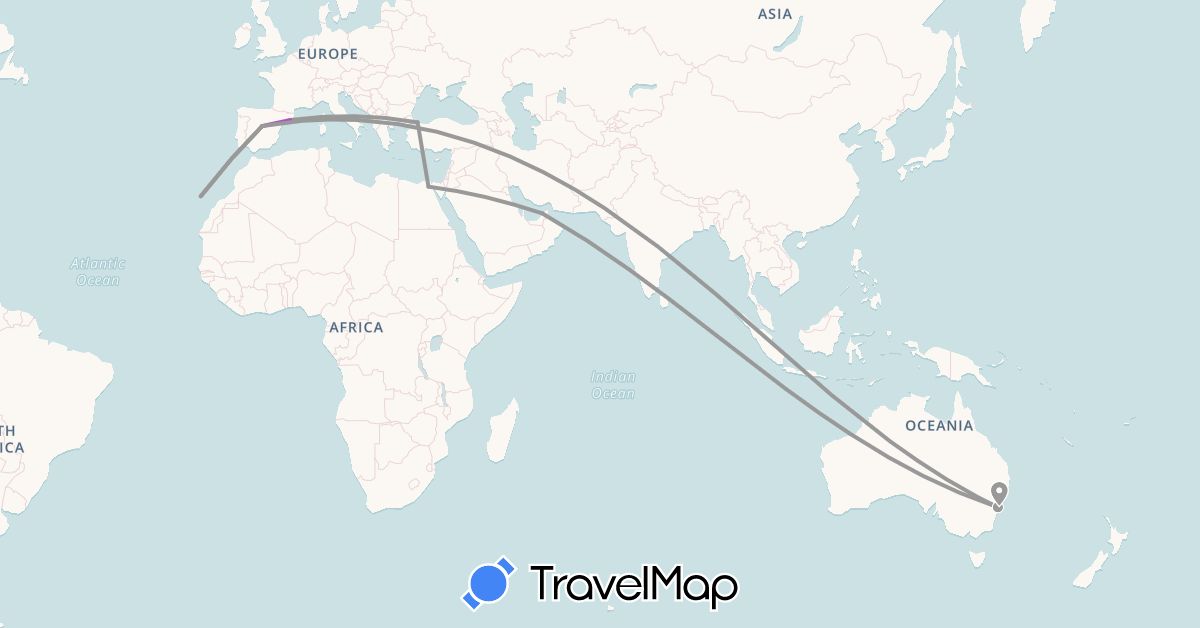 TravelMap itinerary: driving, plane, train in United Arab Emirates, Australia, Egypt, Spain, Turkey (Africa, Asia, Europe, Oceania)